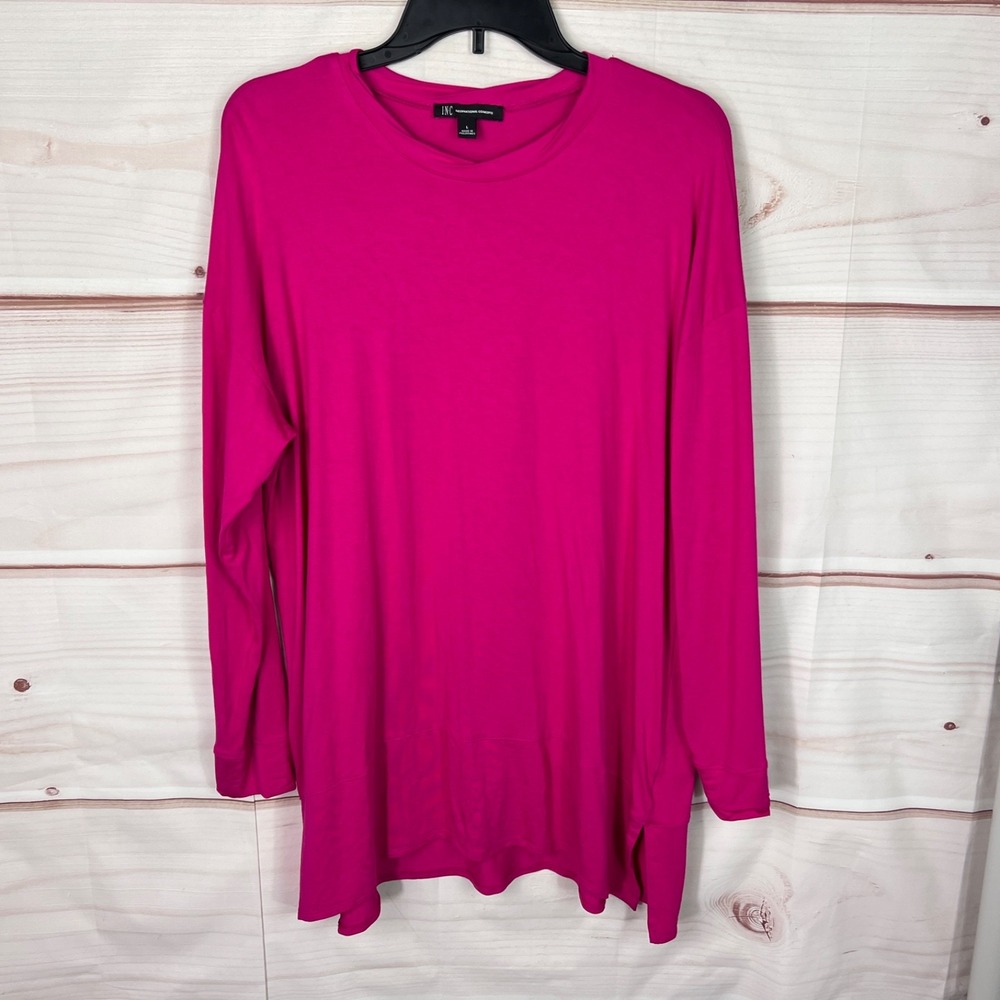 INC Concepts Top Womens L Pink Crew Neck Tunic Long Sleeve Side Slit Solid Knit